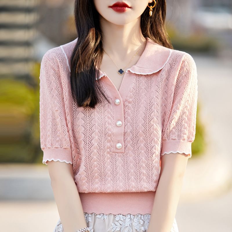 Cable Knit Top with Contrast Trim and Pearl Buttons