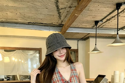 Plaid Halter Top with Bow Detail