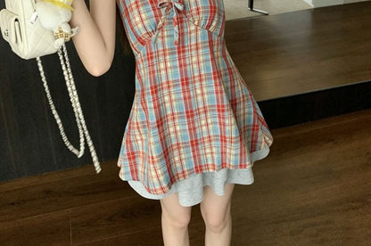 Plaid Halter Top with Bow Detail