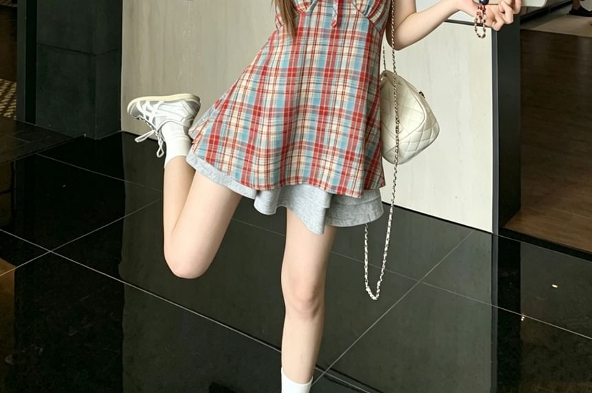 Plaid Halter Top with Bow Detail