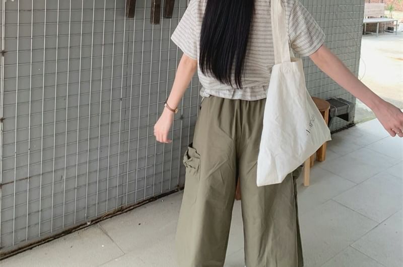 Striped Ruffle Crew Neck Tee and Drawstring Cargo Pants Set