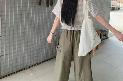 Striped Ruffle Crew Neck Tee and Drawstring Cargo Pants Set