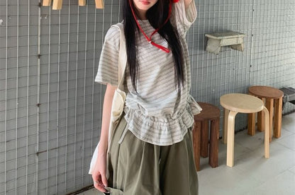 Striped Ruffle Crew Neck Tee and Drawstring Cargo Pants Set