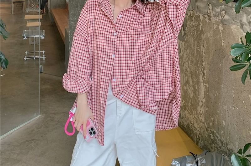 Plaid Button-Down Shirt with Long Sleeves