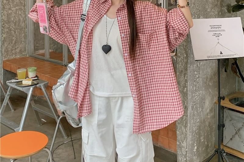 Plaid Button-Down Shirt with Long Sleeves