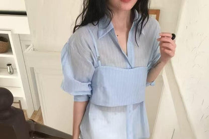Two-Piece Set: Pinstripe Shirt and Crop Camisole