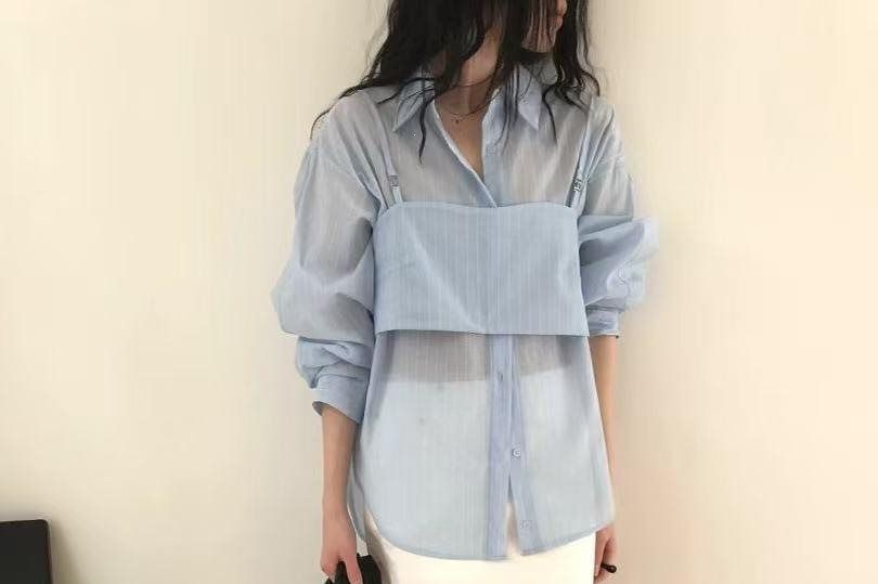 Two-Piece Set: Pinstripe Shirt and Crop Camisole