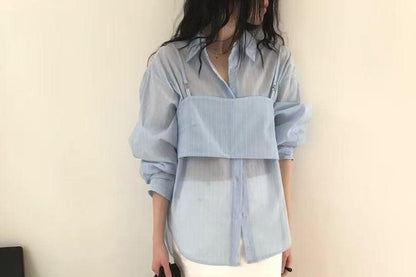 Two-Piece Set: Pinstripe Shirt and Crop Camisole