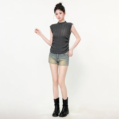 Ribbed Knit Mock Neck Top with Cap Sleeves