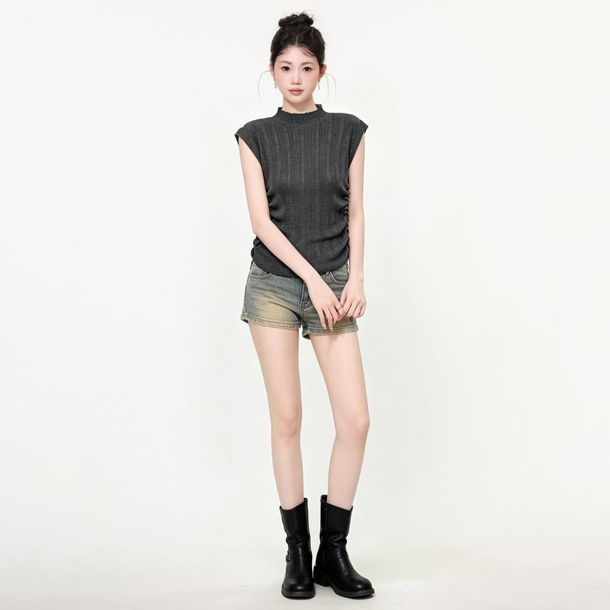 Ribbed Knit Mock Neck Top with Cap Sleeves