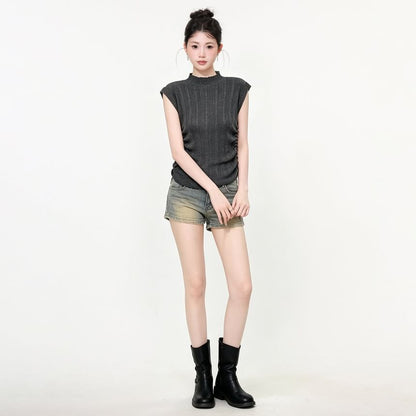 Ribbed Knit Mock Neck Top with Cap Sleeves