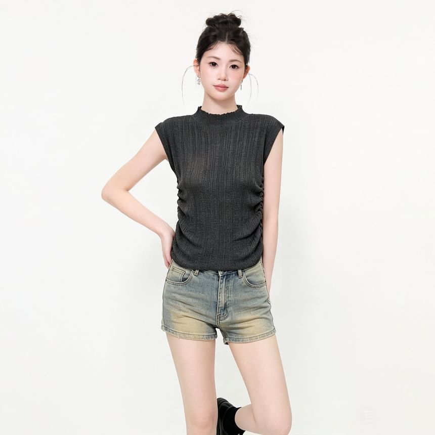 Ribbed Knit Mock Neck Top with Cap Sleeves