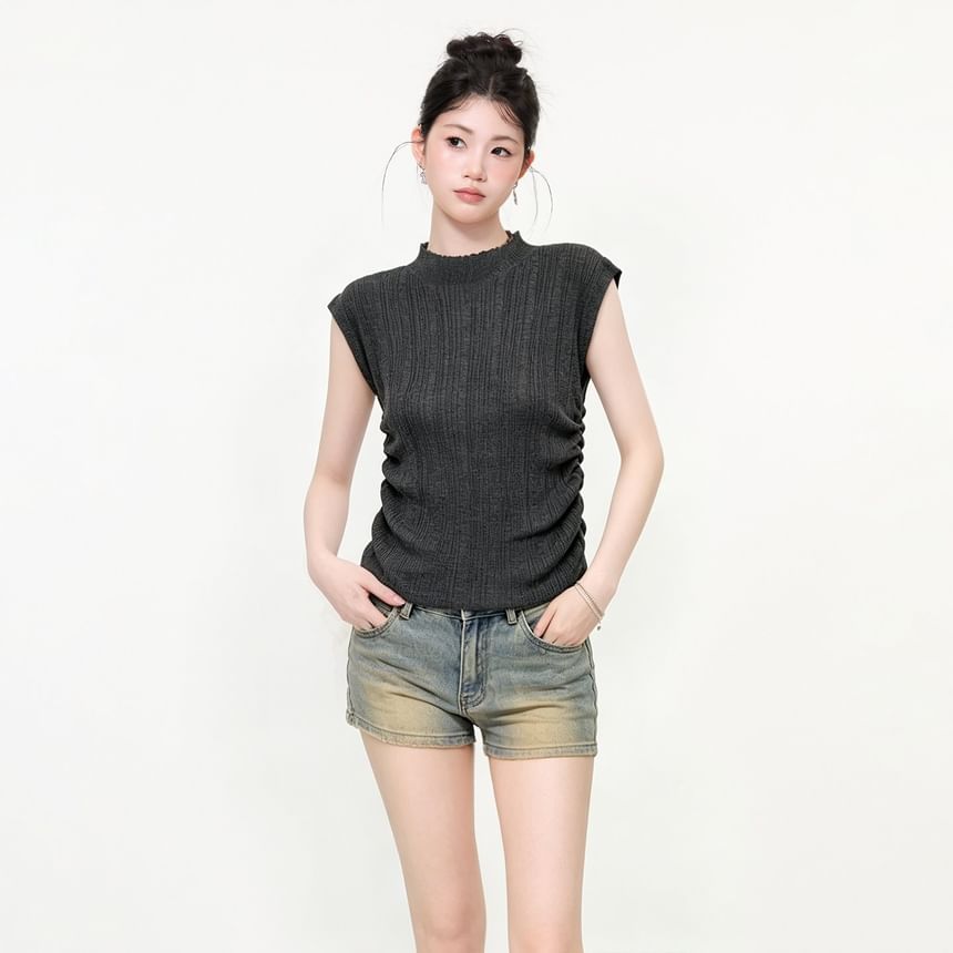 Ribbed Knit Mock Neck Top with Cap Sleeves
