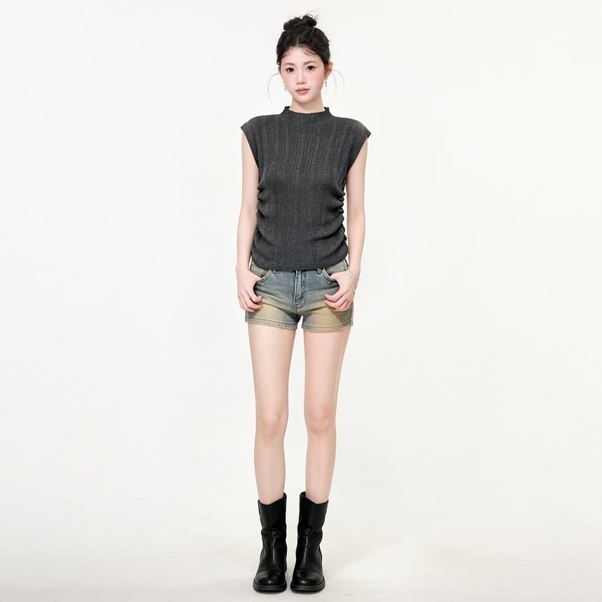 Ribbed Knit Mock Neck Top with Cap Sleeves