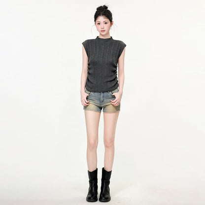 Ribbed Knit Mock Neck Top with Cap Sleeves