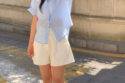 Striped Sheer Button-Up Elbow-Sleeve Shirt