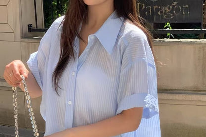 Striped Sheer Button-Up Elbow-Sleeve Shirt