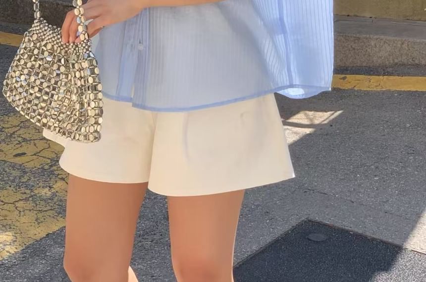 Striped Sheer Button-Up Elbow-Sleeve Shirt