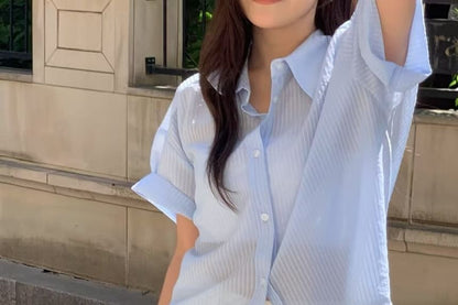 Striped Sheer Button-Up Elbow-Sleeve Shirt