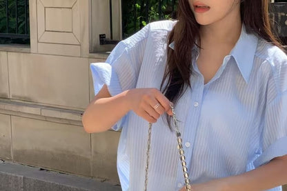 Striped Sheer Button-Up Elbow-Sleeve Shirt