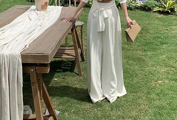 V-Neck Collared Crop Blouse with Tie Back and Wide Leg Pants