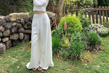 V-Neck Collared Crop Blouse with Tie Back and Wide Leg Pants