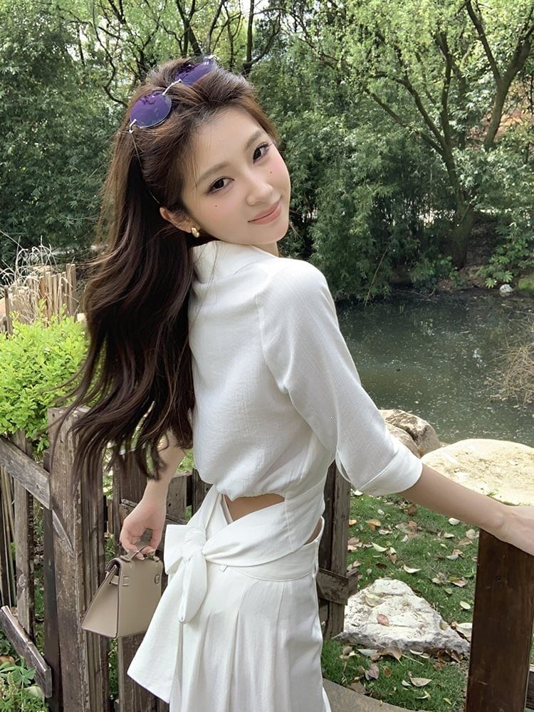 V-Neck Collared Crop Blouse with Tie Back and Wide Leg Pants