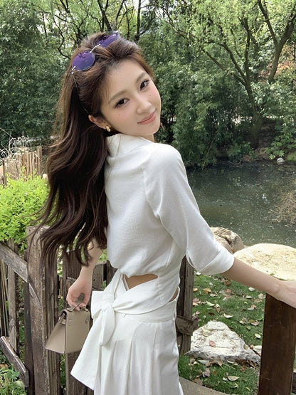V-Neck Collared Crop Blouse with Tie Back and Wide Leg Pants