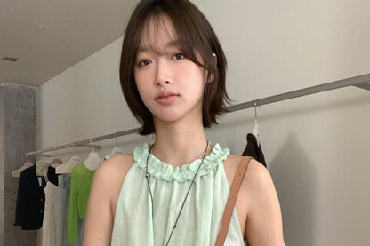 Frill Trim Halter Neck Solid Top