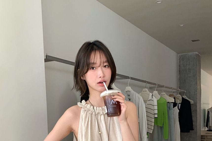 Frill Trim Halter Neck Solid Top