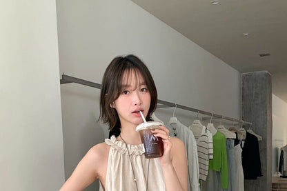 Frill Trim Halter Neck Solid Top
