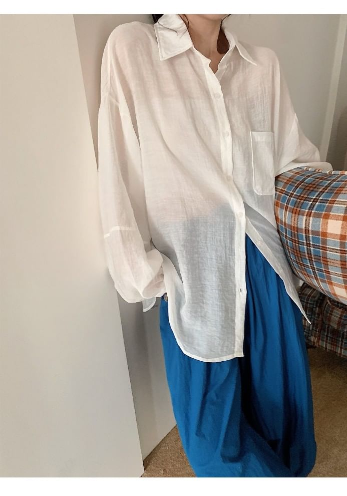 Sheer Button-Up Long-Sleeve Shirt