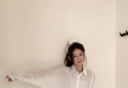 Sheer Button-Up Long-Sleeve Shirt