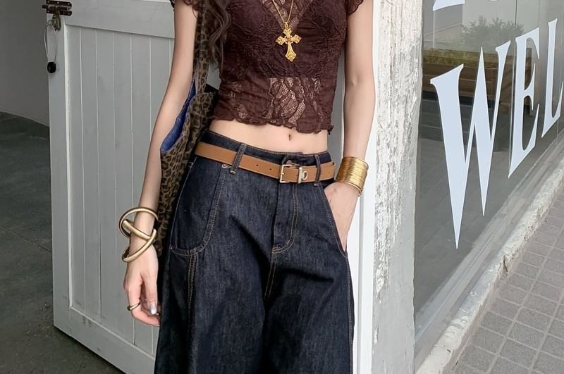 Sheer Lace Crew Neck Crop Top with Short Sleeves