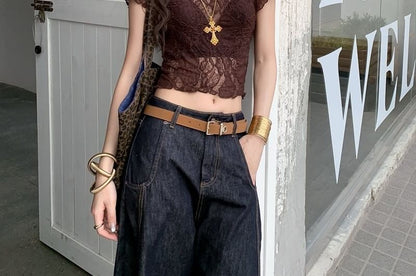 Sheer Lace Crew Neck Crop Top with Short Sleeves