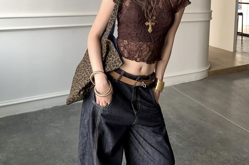 Sheer Lace Crew Neck Crop Top with Short Sleeves