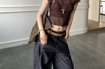 Sheer Lace Crew Neck Crop Top with Short Sleeves