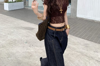 Sheer Lace Crew Neck Crop Top with Short Sleeves