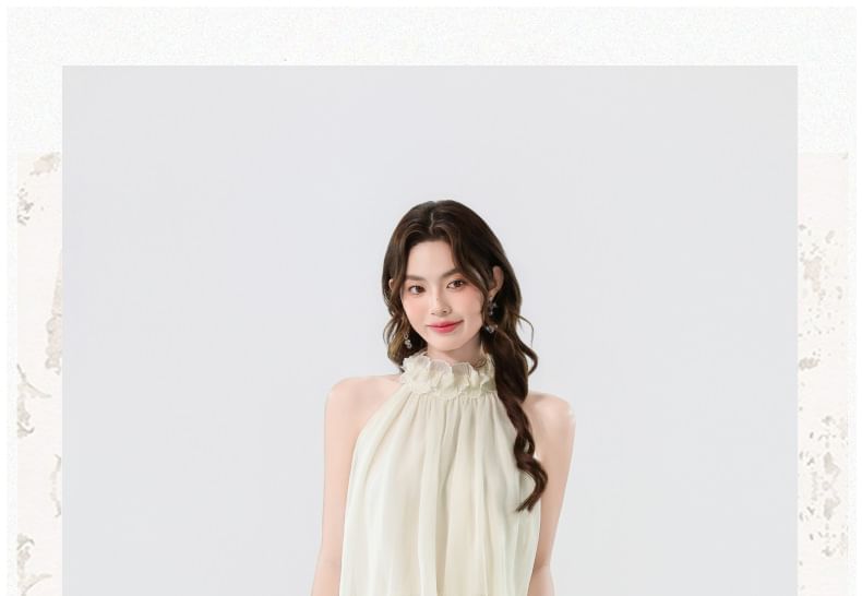 Halter Neck Layered Sheer Top & Low Rise Flared Jeans Set