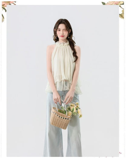 Halter Neck Layered Sheer Top & Low Rise Flared Jeans Set