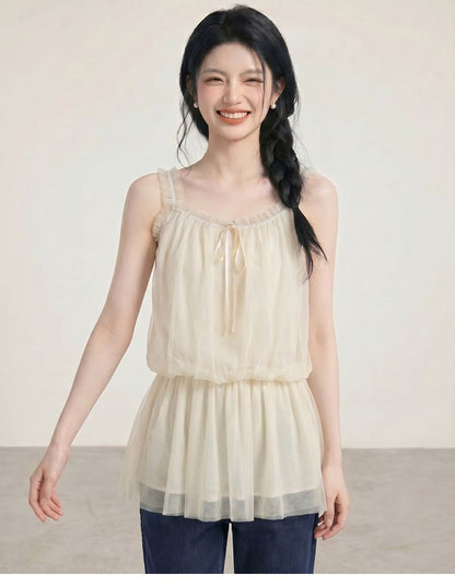 Frill Trim Peplum Mesh Camisole Top