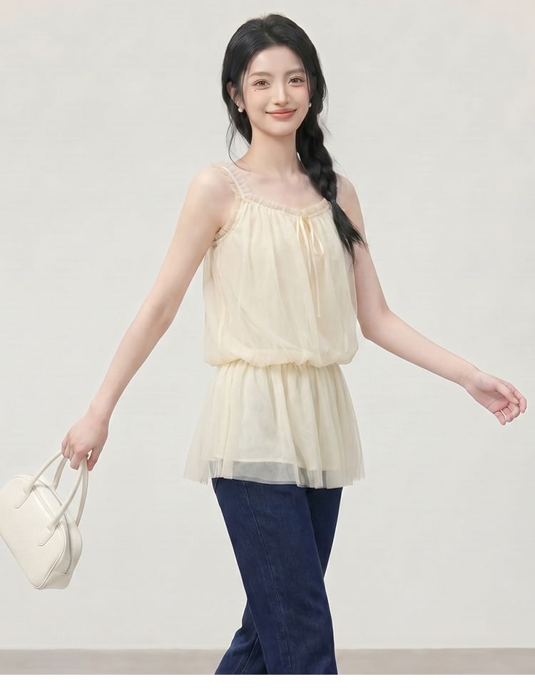 Frill Trim Peplum Mesh Camisole Top