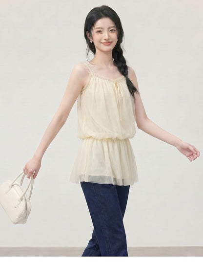 Frill Trim Peplum Mesh Camisole Top