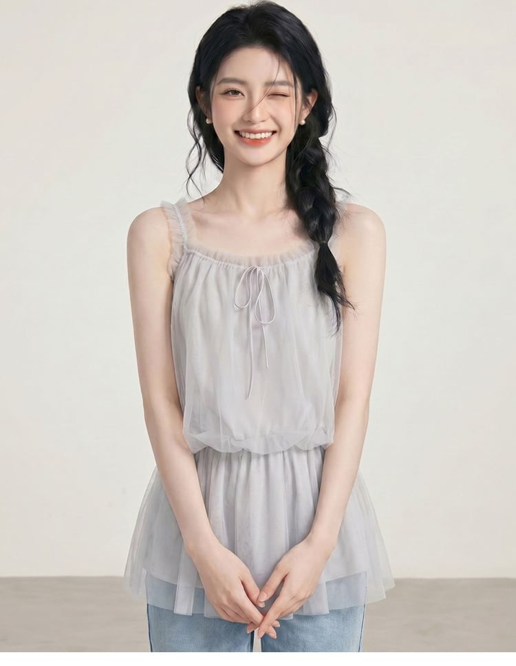 Frill Trim Peplum Mesh Camisole Top