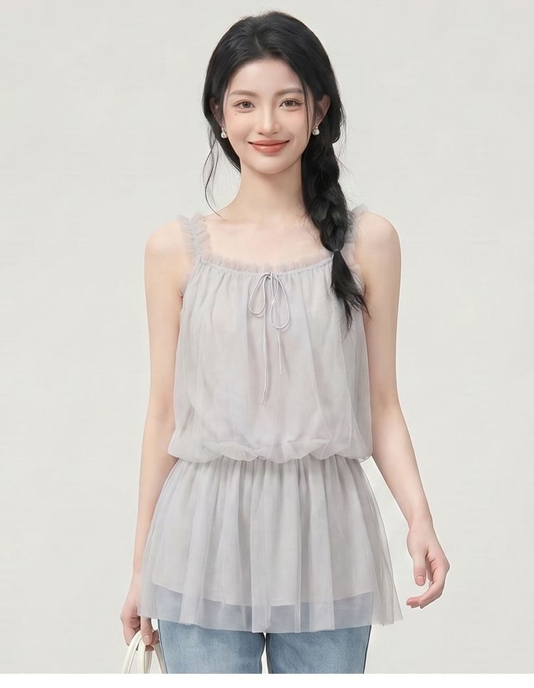 Frill Trim Peplum Mesh Camisole Top