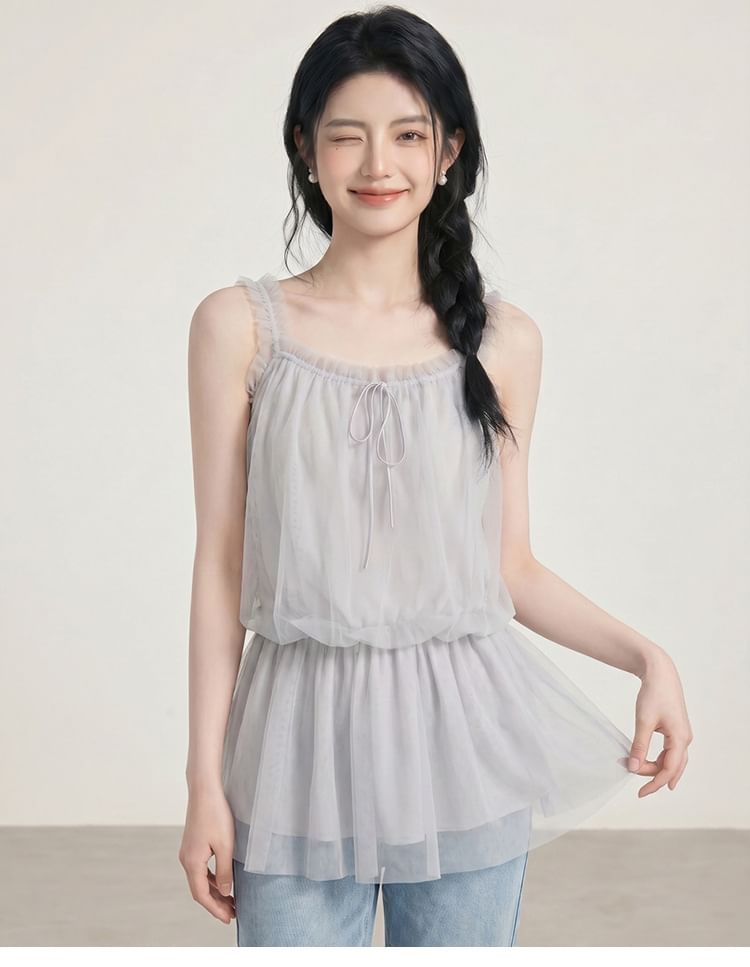 Frill Trim Peplum Mesh Camisole Top