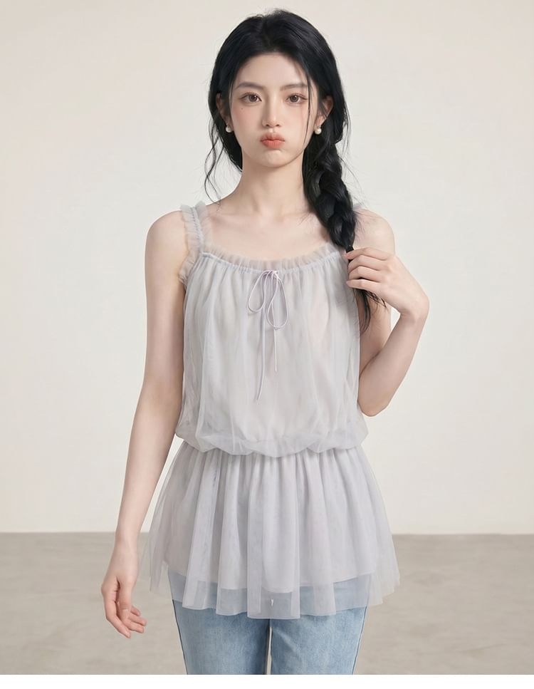 Frill Trim Peplum Mesh Camisole Top