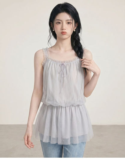 Frill Trim Peplum Mesh Camisole Top