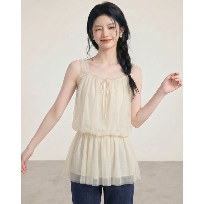 Frill Trim Peplum Mesh Camisole Top