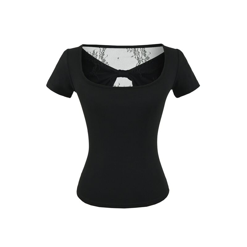 Square Neck Lace Trim Short-Sleeve Top